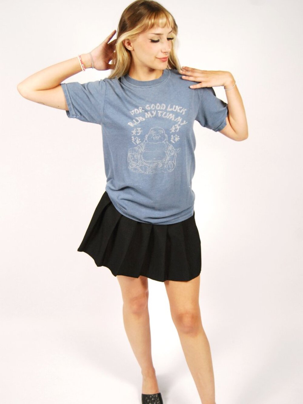 Y2K Buddha T-Shirt (S) small blue vintage short sleeve graphic tee buddhist cool